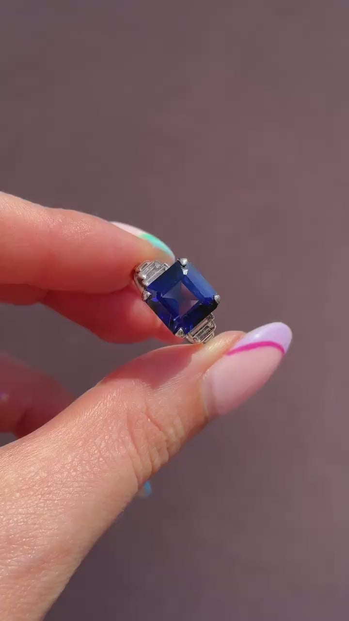 Art Deco Blue Sapphire Sterling Silver Coctail Dress Ring | Antique Vintage