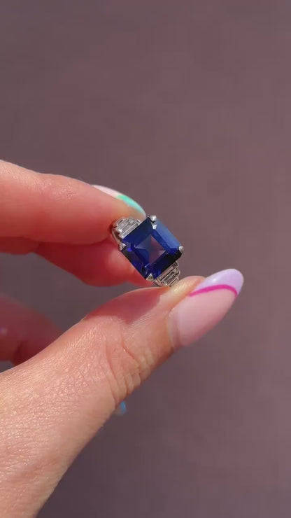 Art Deco Blue Sapphire Sterling Silver Coctail Dress Ring | Antique Vintage
