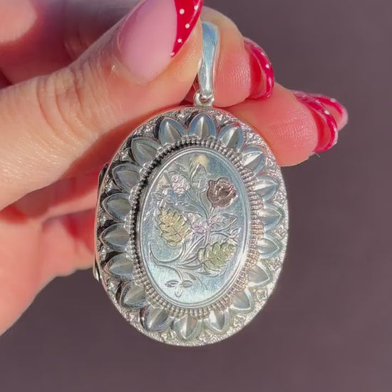 Antique Victorian Silver and Gold Oval Floral Photo Locket Pendant