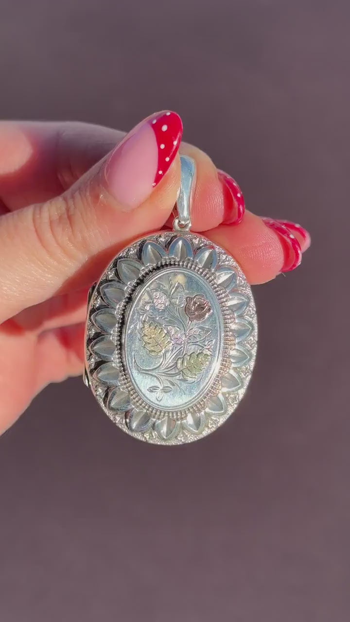 Antique Victorian Silver and Gold Oval Floral Photo Locket Pendant