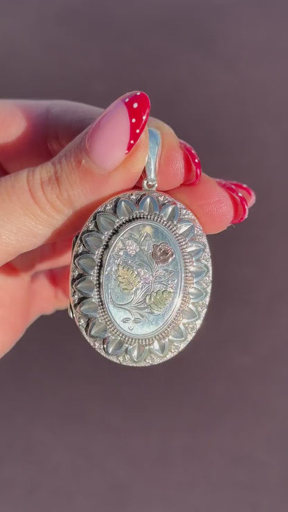 Antique Victorian Silver and Gold Oval Floral Photo Locket Pendant