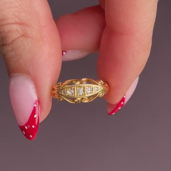 Antique Diamond Five Stone 18ct Yellow Gold Scroll Boat Ring | Dated 1914