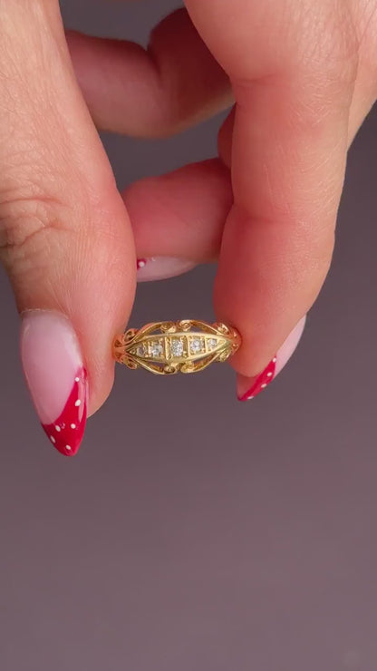 Antique Diamond Five Stone 18ct Yellow Gold Scroll Boat Ring | Dated 1914