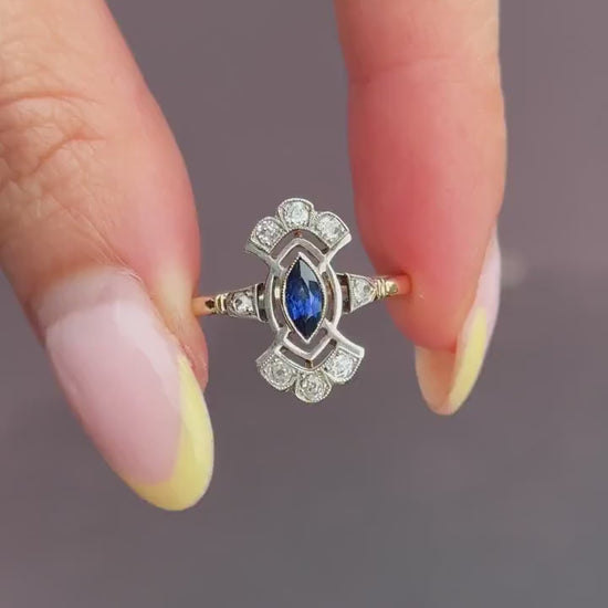 Art Deco Blue Sapphire and Diamond Navette Cluster Gold Ring