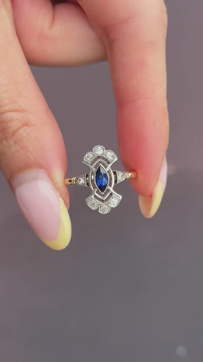Art Deco Blue Sapphire and Diamond Navette Cluster Gold Ring