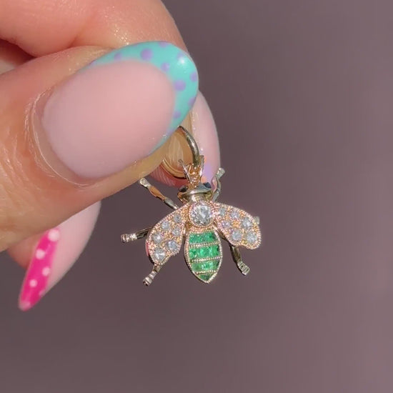 French Cut Emerald and Diamond 18ct Gold Insect Bee Pendant