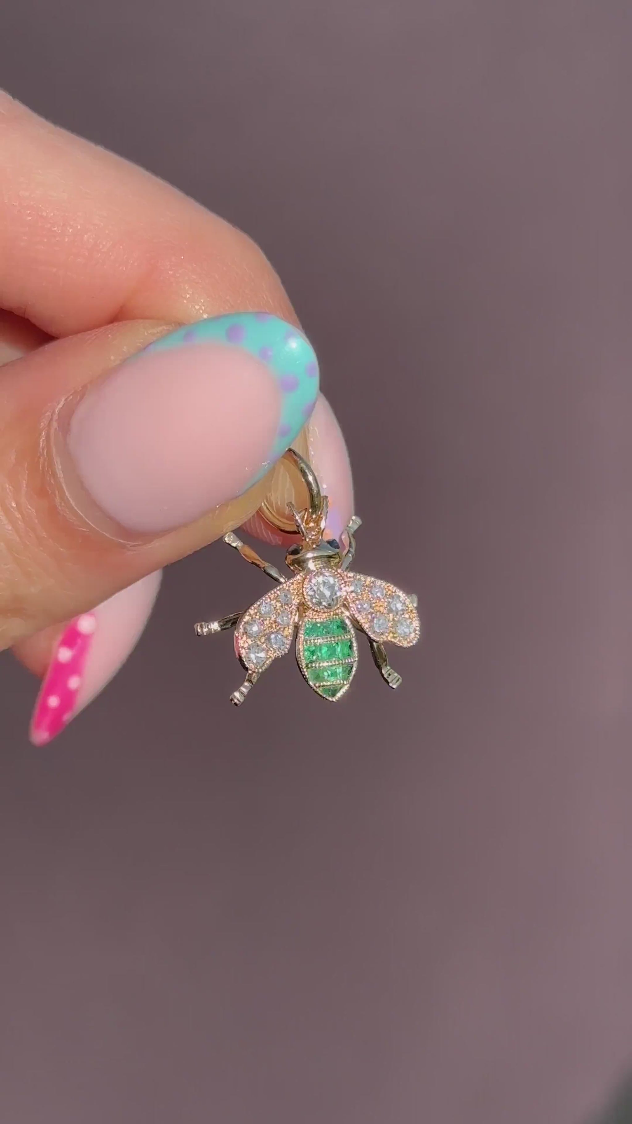French Cut Emerald and Diamond 18ct Gold Insect Bee Pendant
