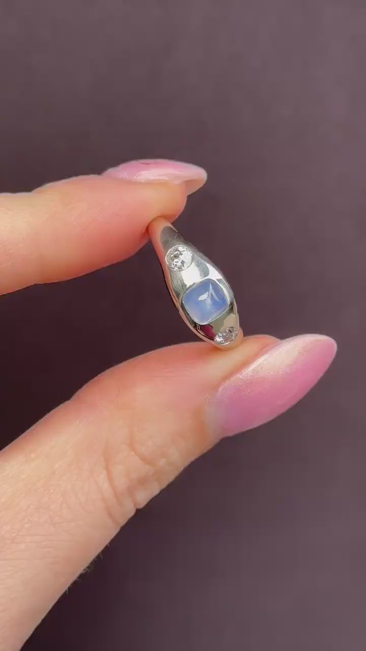 Sugarloaf Star Sapphire and Diamond Three Stone Platinum Band Ring