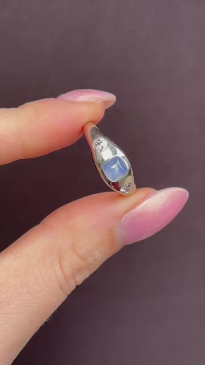 Sugarloaf Star Sapphire and Diamond Three Stone Platinum Band Ring