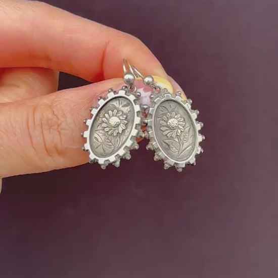 Antique Victorian Silver Aesthetic Sunflower Earrings | Circa.1880