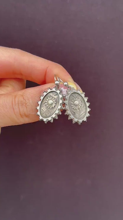 Antique Victorian Silver Aesthetic Sunflower Earrings | Circa.1880