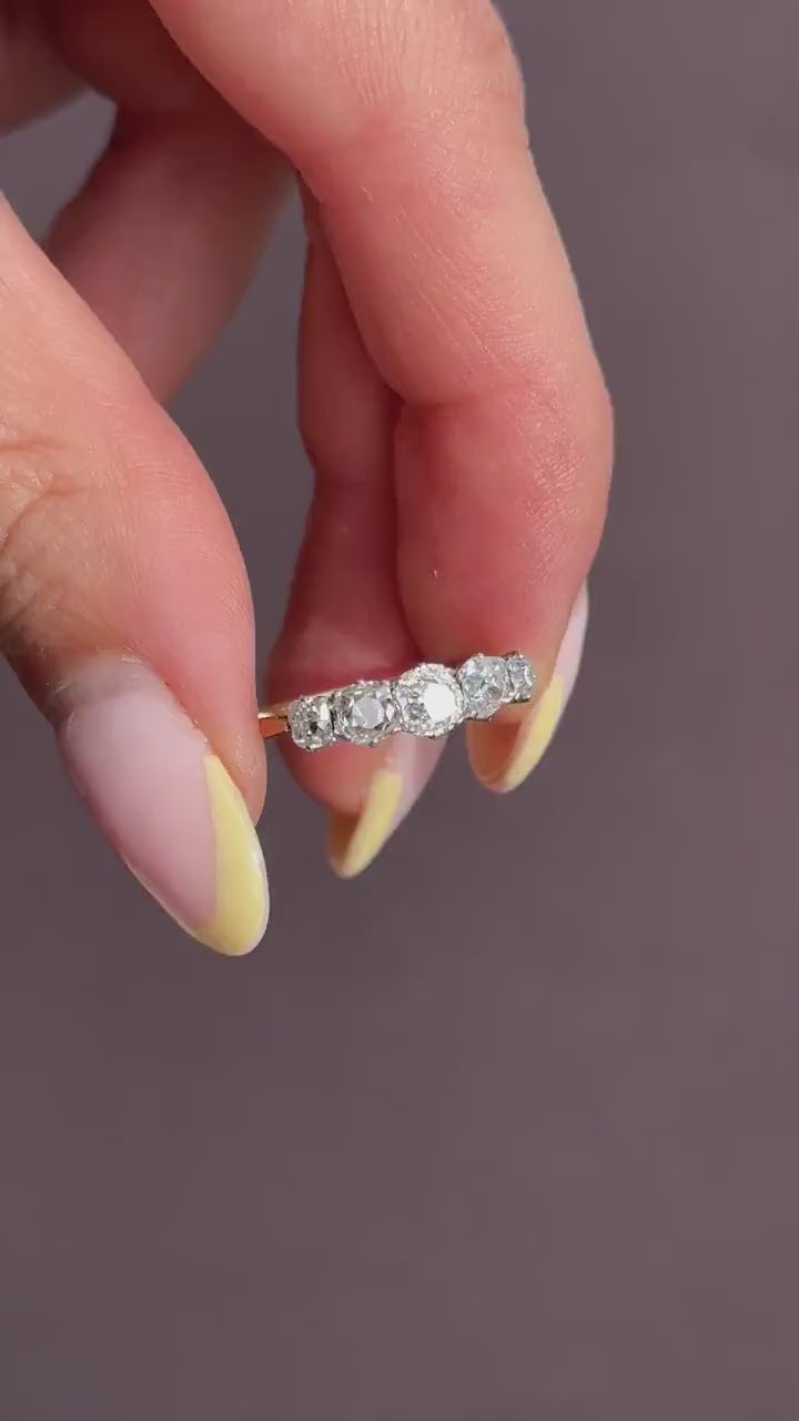 Antique 0.98ct Old Cut Diamond Five Stone 18ct Gold Platinum Ring