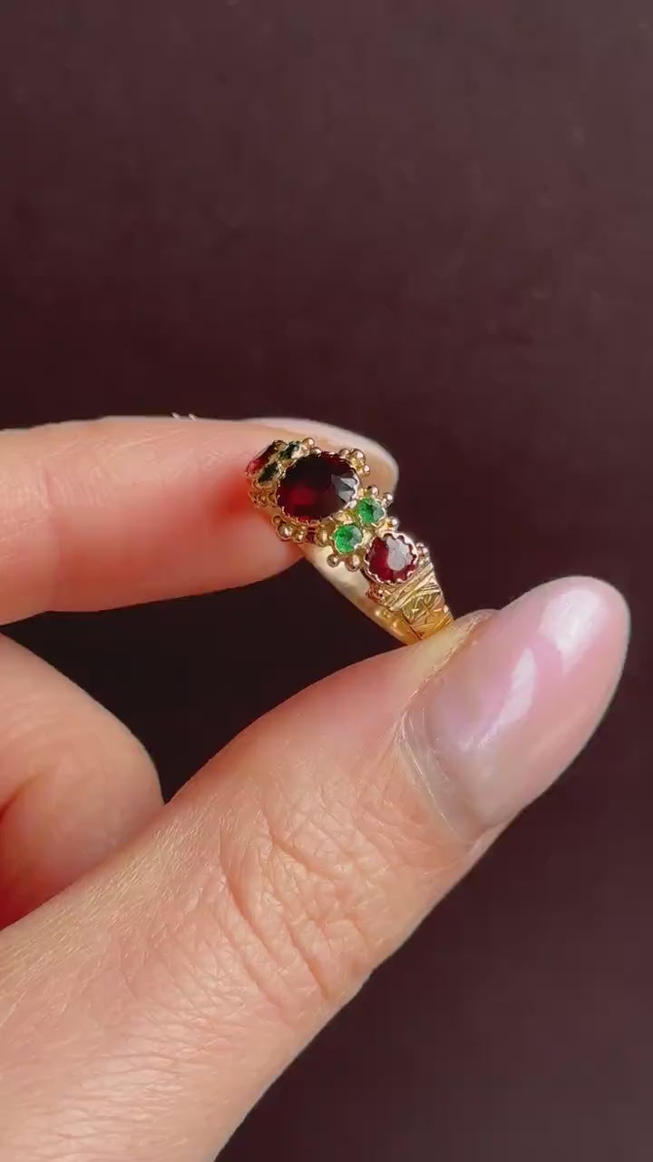 Antique Garnet and Emerald 15ct Gold Scroll Ring | Dated 1887