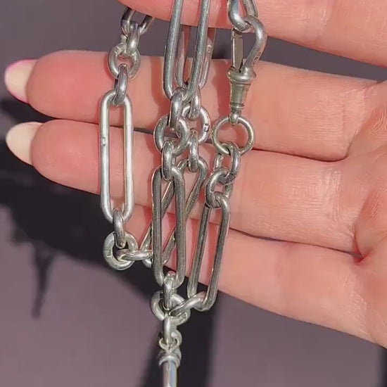 Antique '1893' Sterling Silver Trombone Watch Chain with Dog Clips and T Bar | 13.5"