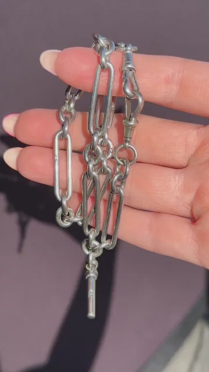 Antique '1893' Sterling Silver Trombone Watch Chain with Dog Clips and T Bar | 13.5"