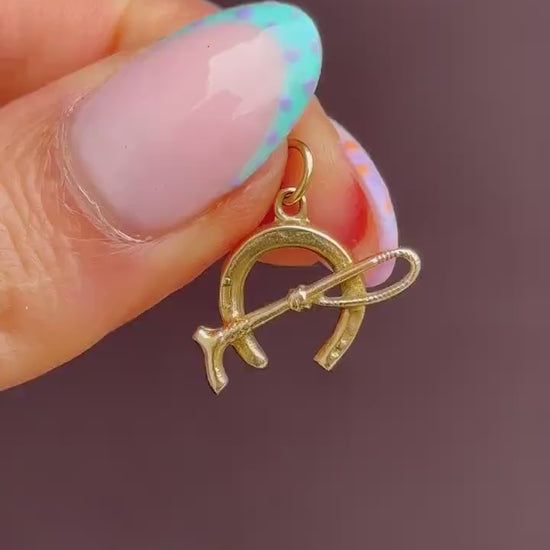 Antique 9ct Gold Lucky Horseshoe and Riding Crop Charm Pendant