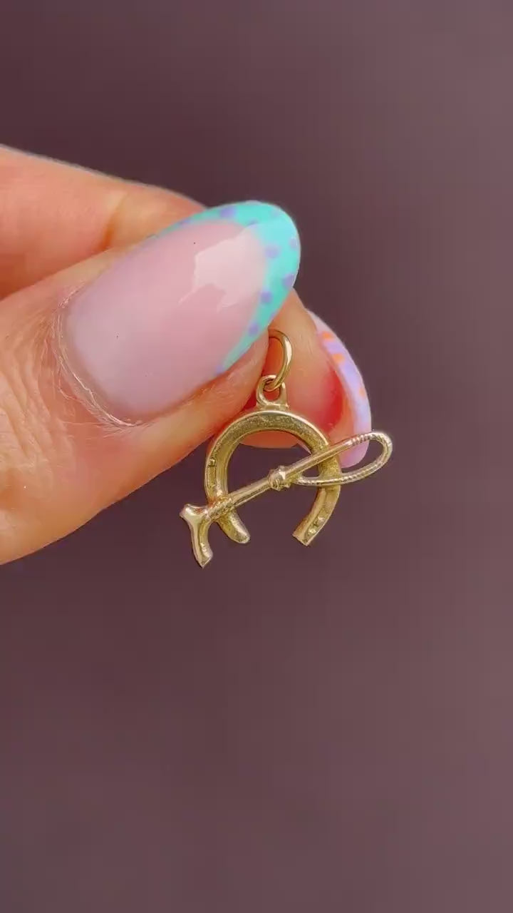 Antique 9ct Gold Lucky Horseshoe and Riding Crop Charm Pendant