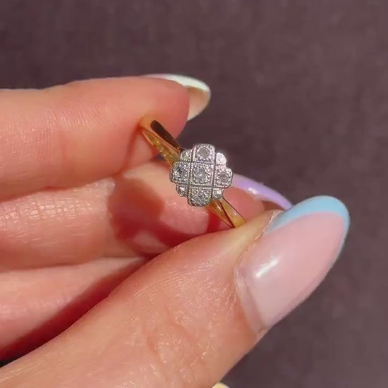 Art Deco Diamond Cross Cluster 18ct Yellow Gold and Platinum Ring