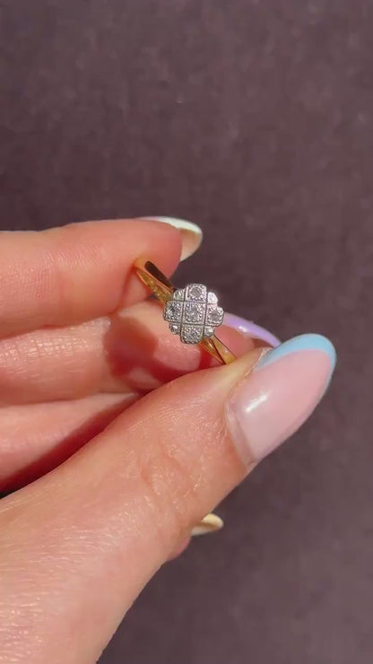 Art Deco Diamond Cross Cluster 18ct Yellow Gold and Platinum Ring