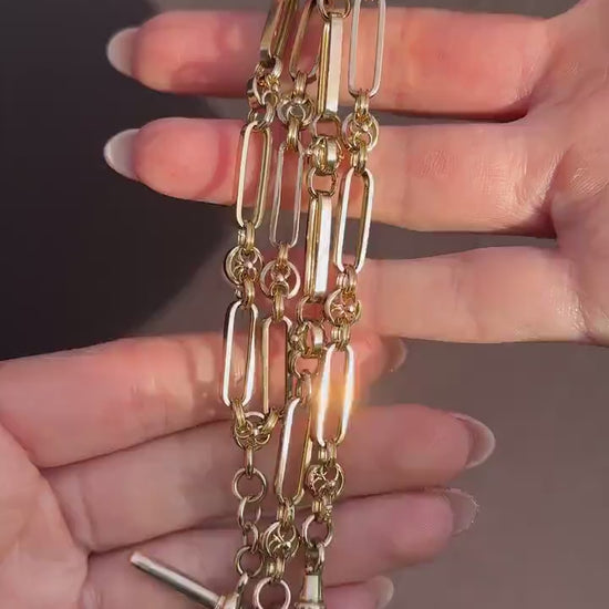 Antique 20.75" 9ct Gold Fancy Trombone Link Chain Necklace with Dog clips and T-bar