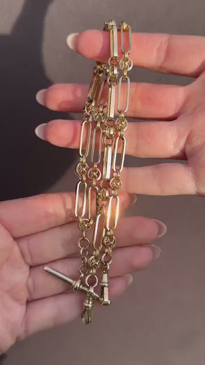 Antique 20.75" 9ct Gold Fancy Trombone Link Chain Necklace with Dog clips and T-bar