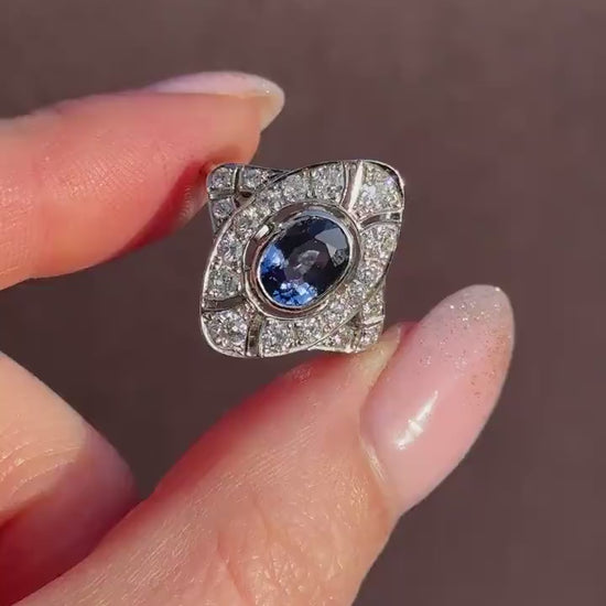 Art Deco Style Blue Sapphire and Diamond Halo Platinum Ring