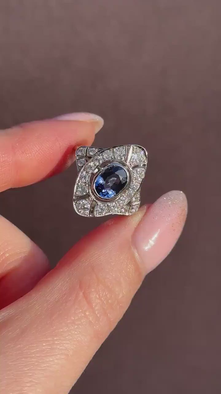 Art Deco Style Blue Sapphire and Diamond Halo Platinum Ring