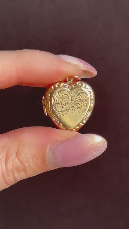 Vintage 9ct Yellow Gold Engraved Fancy Heart Locket Pendant