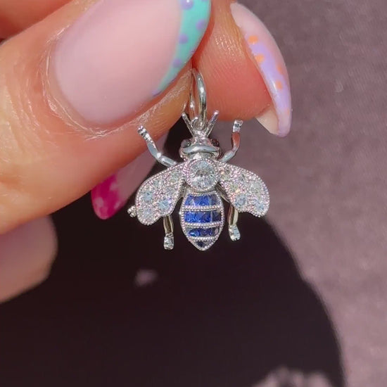 Blue Sapphire and Diamond Platinum Insect Bee Pendant | 0.25ct Diamond