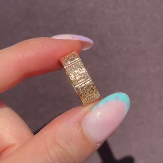 Antique Victorian 9ct Gold Fancy Patterned Wedding Cigar Band Ring | Dated 1889