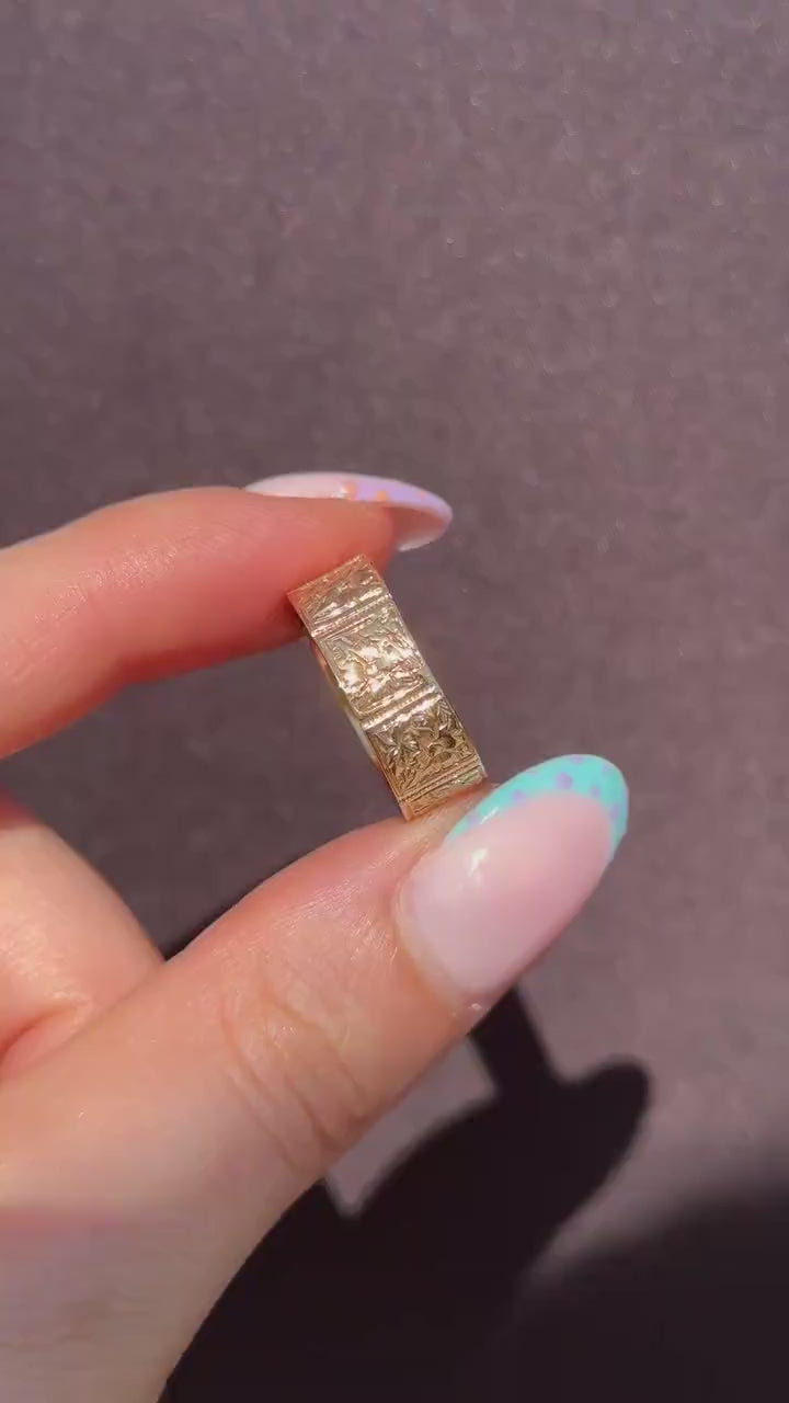 Antique Victorian 9ct Gold Fancy Patterned Wedding Cigar Band Ring | Dated 1889