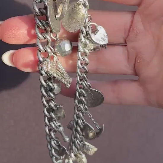 Vintage Sterling Silver Curb Link Multi Charm Necklace | 15.5"