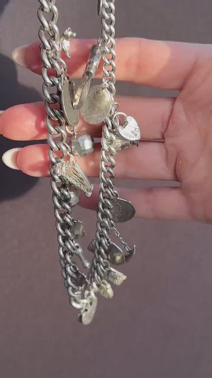 Vintage Sterling Silver Curb Link Multi Charm Necklace | 15.5"