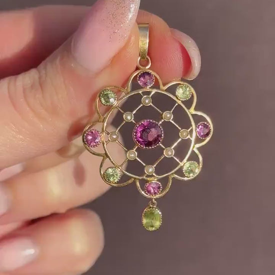 Antique Peridot Pearl and Almadine Garnet 9ct Gold Pendant | Murrle Bennett