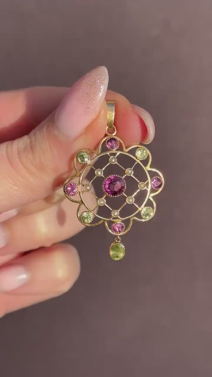 Antique Peridot Pearl and Almadine Garnet 9ct Gold Pendant | Murrle Bennett