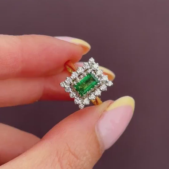 Vintage Natural Emerald and Diamond Halo 18ct Gold Ring