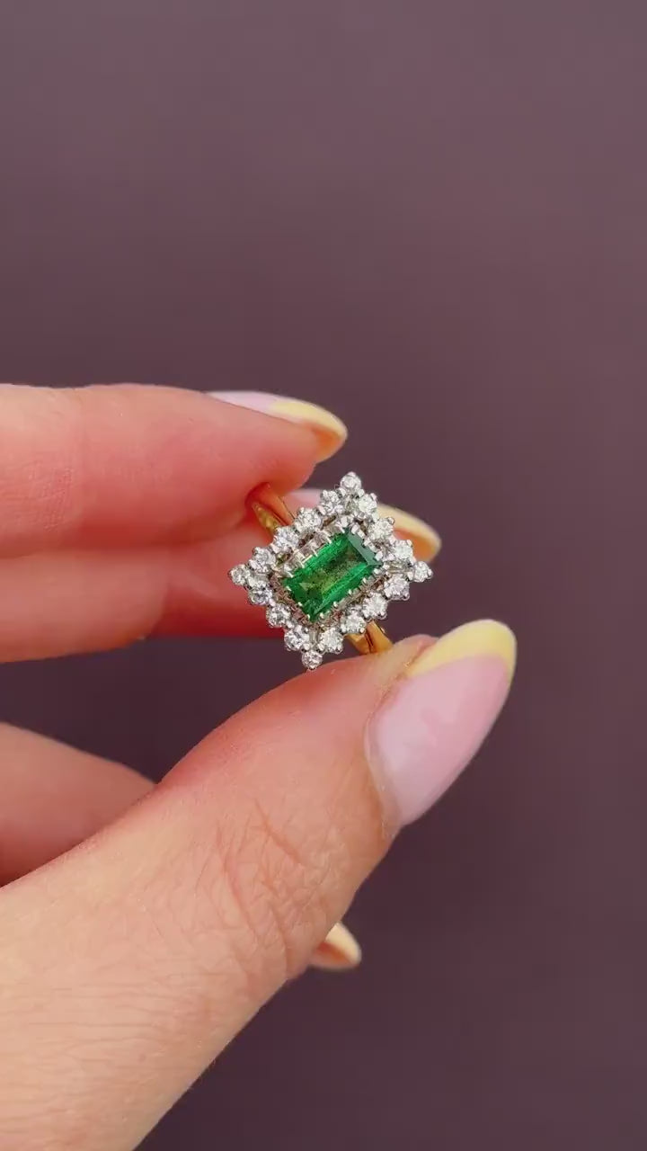 Vintage Natural Emerald and Diamond Halo 18ct Gold Ring