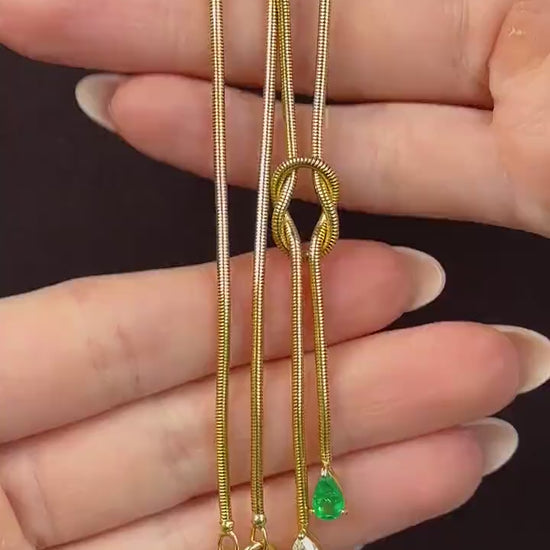 Emerald and Diamond Lariat Knot 18ct Gold Snake Chain Drop Necklace | 15.75"