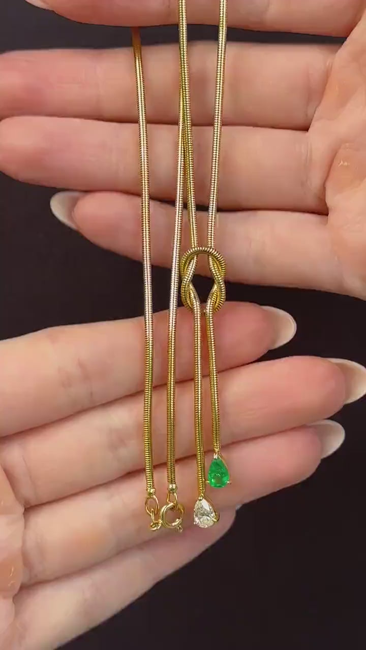 Emerald and Diamond Lariat Knot 18ct Gold Snake Chain Drop Necklace | 15.75"