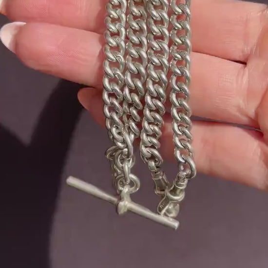 Vintage '1936' Silver Curb Link Albert Watch Chain with Sliding T-Bar and Dog Clips – 15"