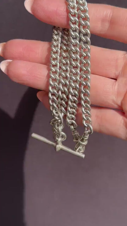 Vintage '1936' Silver Curb Link Albert Watch Chain with Sliding T-Bar and Dog Clips – 15"