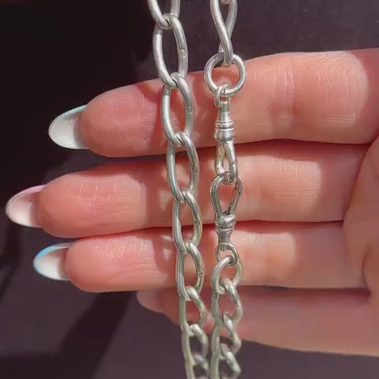 Antique 14.75" Sterling Silver Oval Link Albert Watch Chain Necklace with T-Bar and Dog Clips
