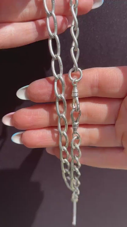 Antique 14.75" Sterling Silver Oval Link Albert Watch Chain Necklace with T-Bar and Dog Clips