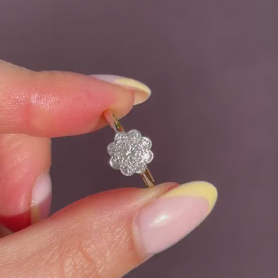 Antique Diamond Cluster Daisy 18ct Yellow Gold and Platinum Ring