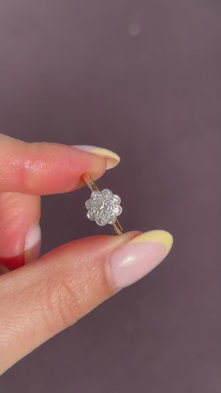 Antique Diamond Cluster Daisy 18ct Yellow Gold and Platinum Ring