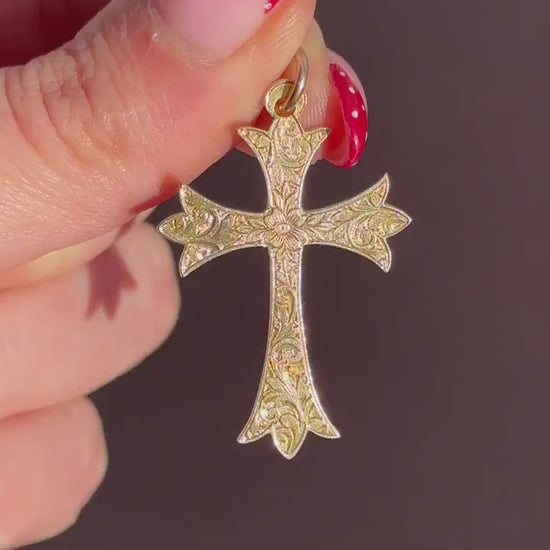 Antique Edwardian 9ct Gold Engraved Cross Pendant | Chester 1904