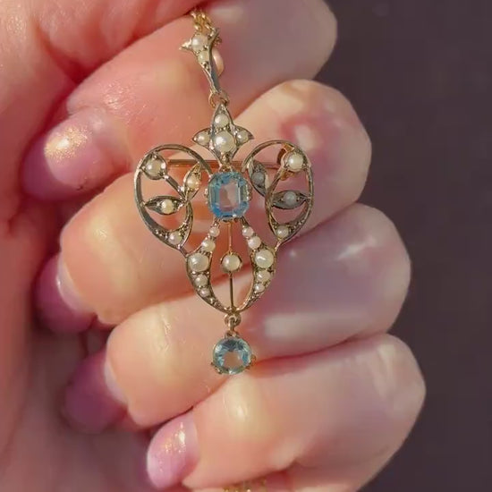 Antique Edwardian Blue Paste 9ct Gold Pendant and Chain Necklace | 15" Length