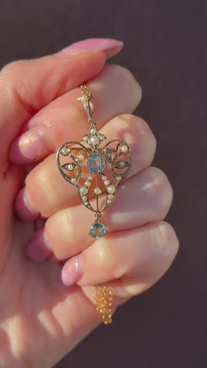 Antique Edwardian Blue Paste 9ct Gold Pendant and Chain Necklace | 15" Length