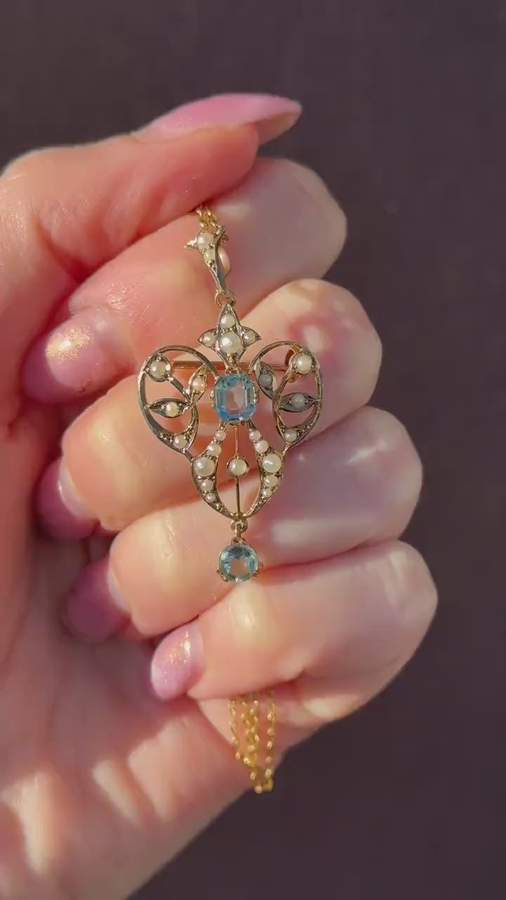 Antique Edwardian Blue Paste 9ct Gold Pendant and Chain Necklace | 15" Length