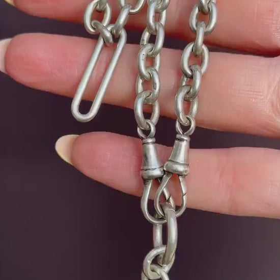 Antique Sterling Silver Trombone Watch Chain with Dog Clips and T Bar | 14"